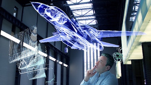 Aerospace engineer studying the digital twin aircraft design simulation of his aircraft design